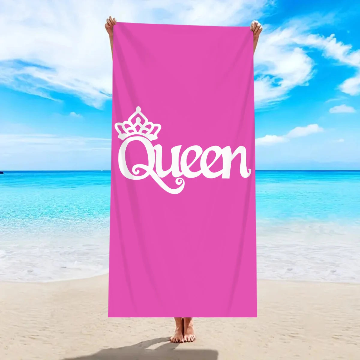 King & Queen Strandtücher – Schnell Trocknende Ultrafeine Mikrofaser Handtücher | Saugfähige Stranddecken für Schwimmen & Reisen Kaufschwan® Rosa-Weiß (Schrift: Queen) 150x75cm