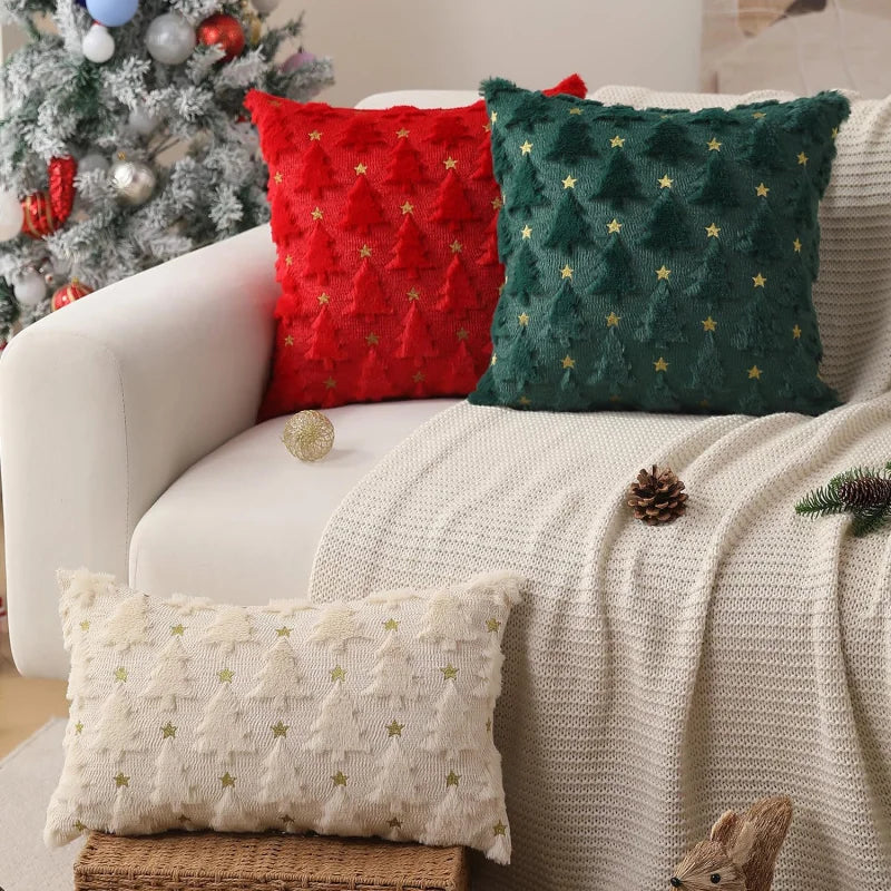 45x45cm Weihnachts Kissenbezug – Gestepptes Plüsch Design | Stern & Tannenbaum Motiv Sofakissen Bezug für Wohnzimmer Deko Kaufschwan®