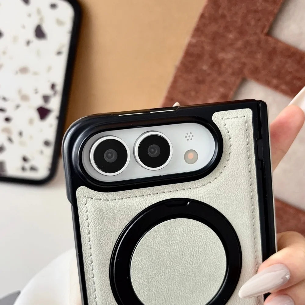 Luxuriöse Retro-Schutzhülle in Lederoptik für iPhone Duo – Magnetische MagSafe-Kompatible Hülle mit Drehbarem Ständer und Stoßschutz Kaufschwan®