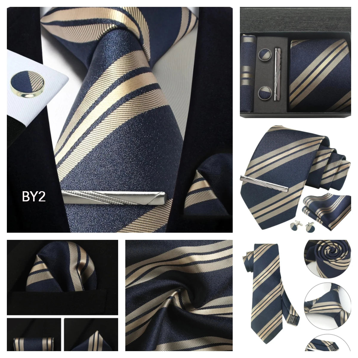 Herren Krawatten-Set aus 100% Seide – 8 cm Krawatte mit Einstecktuch & Manschettenknöpfen | Klassisches Geschenkset für Business & Hochzeit