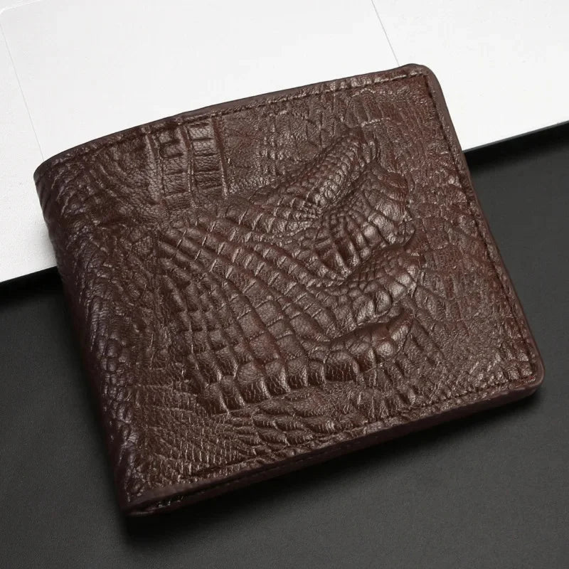 Retro Herren Geldbörse aus Leder – 3D Krokodil Muster | Kurze Querformat Brieftasche mit Geldklammer & Polyesterfutter Kaufschwan® Braun
