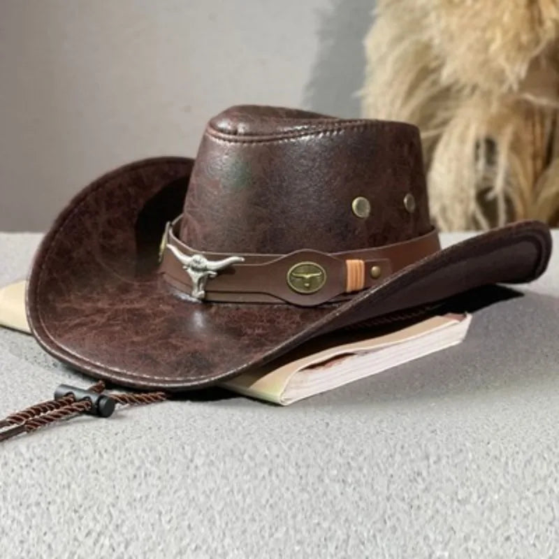 Kunstleder Western Cowboy Hut für Damen & Herren – Vintage Gentleman Dress Hat, Panama Cowgirl Jazz Cap, Klassischer Sombrero Kaufschwan® Kaffeefarbe 56-58CM