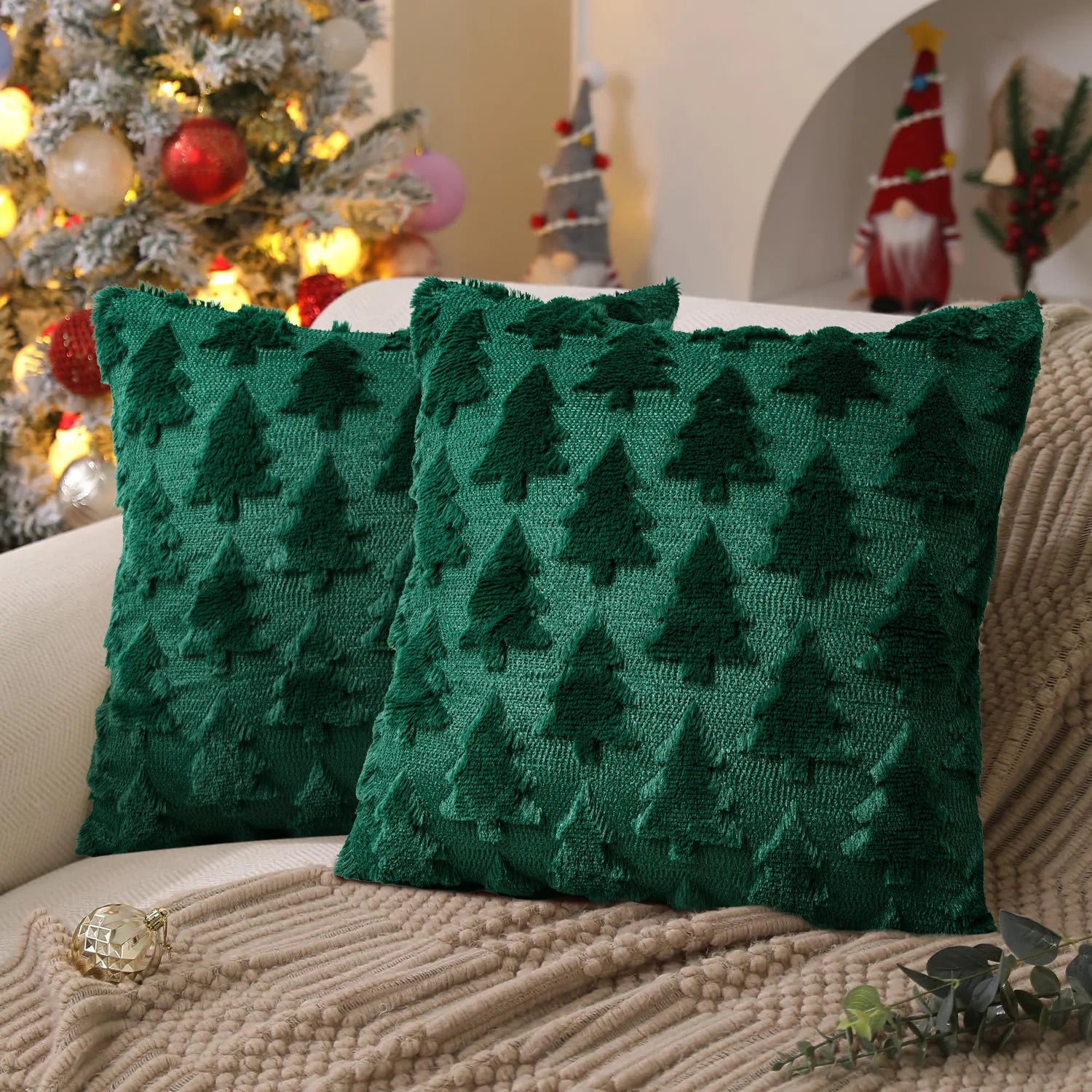 45x45cm Weihnachts Kissenbezug – Gestepptes Plüsch Design | Stern & Tannenbaum Motiv Sofakissen Bezug für Wohnzimmer Deko Kaufschwan®