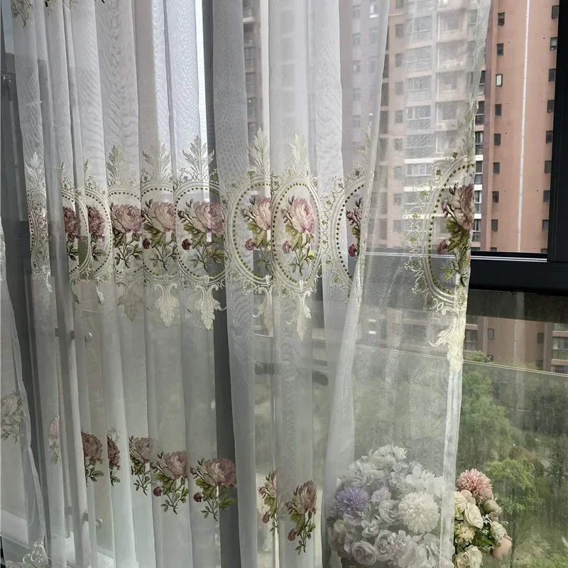 Luxus Pfingstrosen Bestickter Tüll Transparenter Vorhang Europäischer Stil für Wohnzimmer Schlafzimmer Kaufschwan®