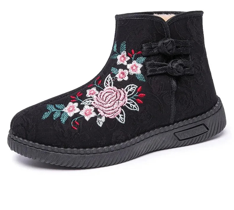 Damen Bestickte Schneestiefel – Mittelhohe Baumwollstiefel mit Kunstfell Fleece Futter | Warme Winter Schuhe für Mütter Kaufschwan®