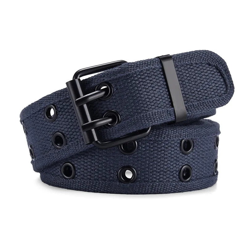 Herren Canvas Gürtel – Schlanker Taktischer Gürtel | Doppeldornschließe Modischer Gürtel für Jeans, Arbeit & Freizeit Kaufschwan® Marineblau 110cm