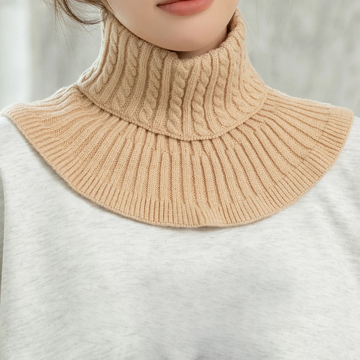 Gestrickter Dicker Nackenschal für Damen – Abnehmbarer Schlichter Rollkragen | Warmer Hals- & Kinnschutz für Herbst & Winter Outdoor Kaufschwan® Beige