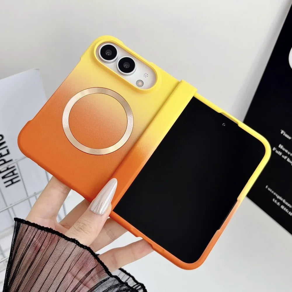 Magnetische Schutzhülle mit Farbverlauf für iPhone Duo – MagSafe-Kompatible Matte Hart-PC-Hülle mit Scharnierschutz Kaufschwan® Gelb-Orange iPhone Duo