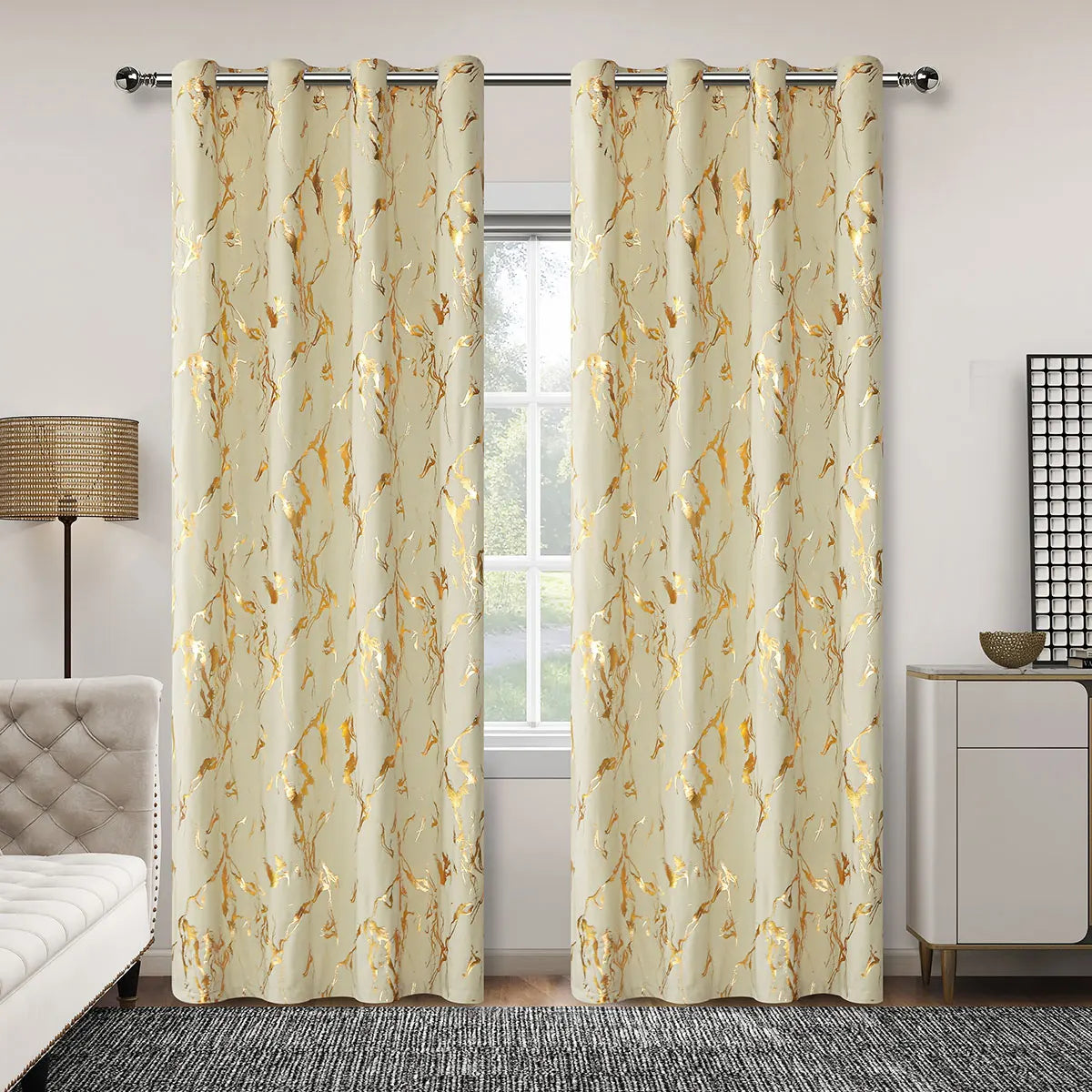 Gold Marmor Druck Verdunkelungsvorhang Thermisch Isoliert Champagner Farbe für Wohnzimmer Schlafzimmer 2 Stück/Set Kaufschwan® Beige/Gold W200 x L270 cm Ösenverschluss