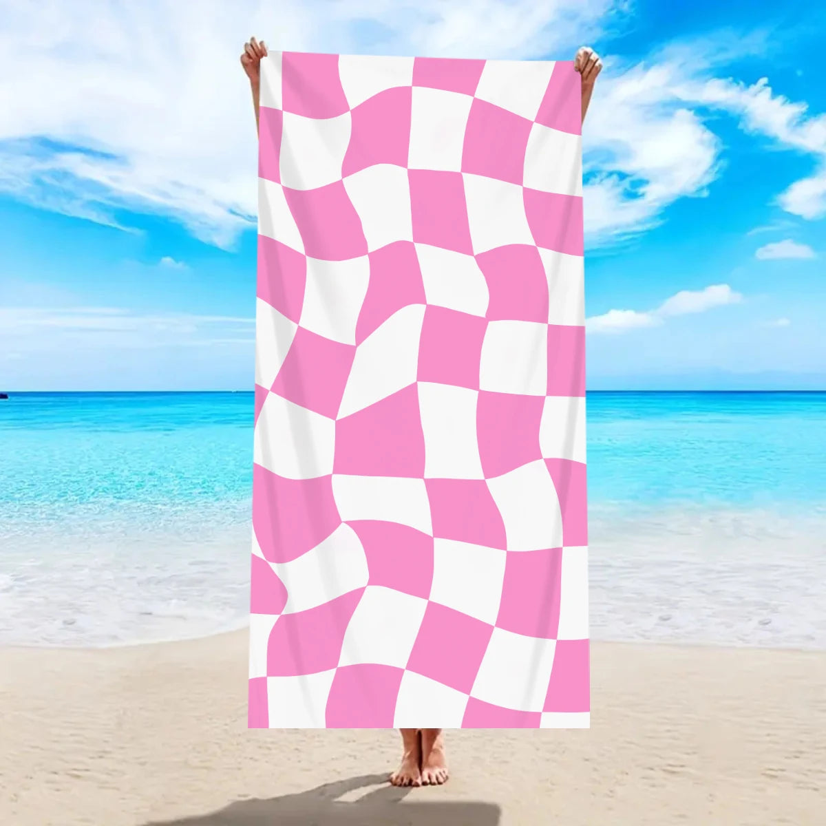 Modisches Kariertes Strandtuch – Schnell Trocknend & Saugfähig | Großes Mikrofaser Handtuch in Mehreren Farben für Strand & Reisen Kaufschwan® Rosa-Weiß 180x90cm