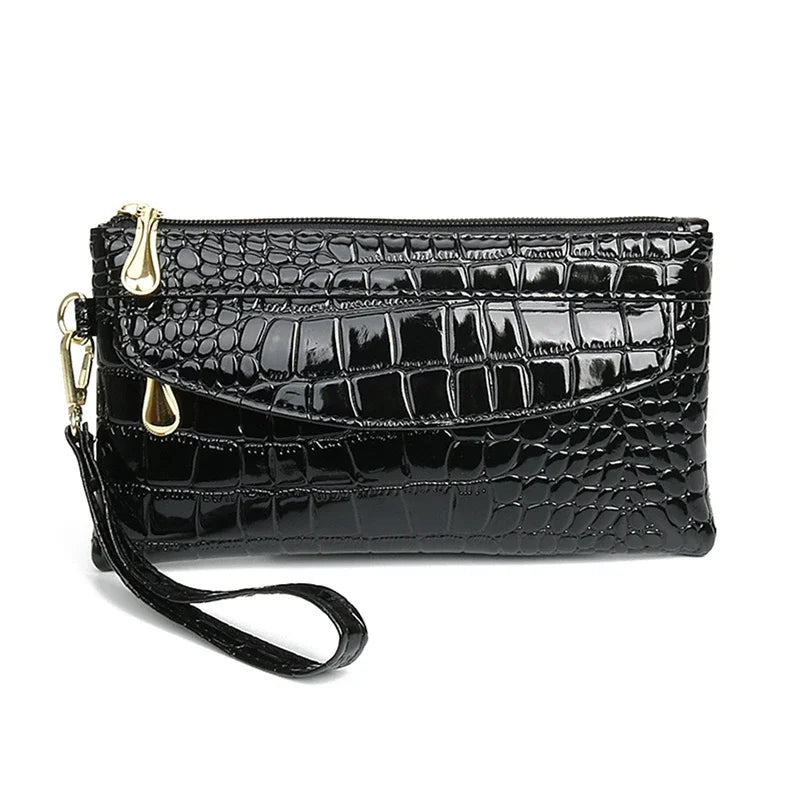 Damen Langbörse aus Leder – Doppelreißverschluss Clutch Tasche | Elegante Krokodil Muster Geldbörse in Rot Kaufschwan®