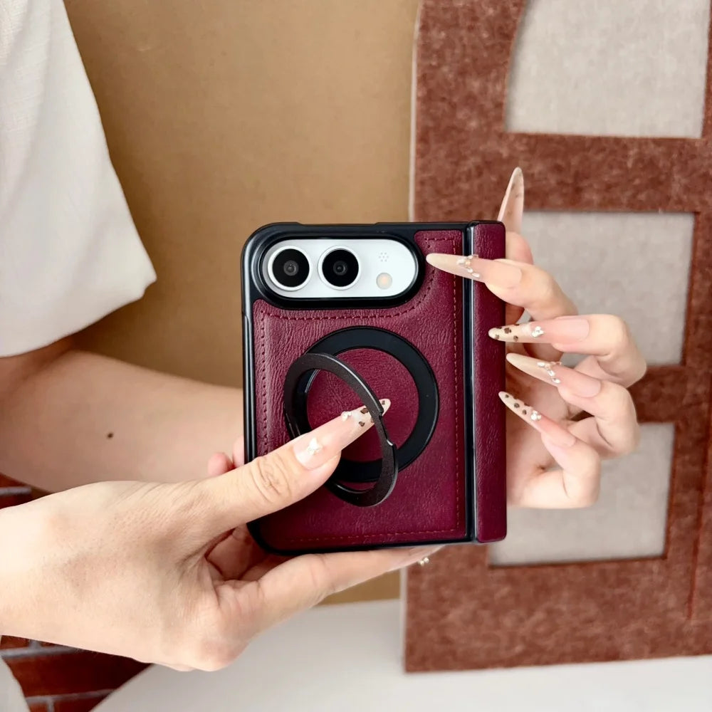 Luxuriöse Retro-Schutzhülle in Lederoptik für iPhone Duo – Magnetische MagSafe-Kompatible Hülle mit Drehbarem Ständer und Stoßschutz Kaufschwan®