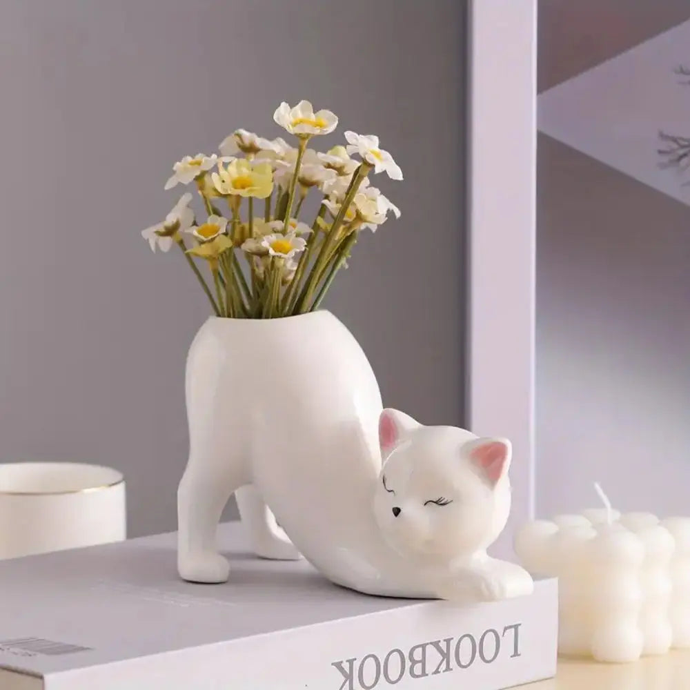 Weißer Katzen Blumentopf – Boho Stil Schlafendes Kätzchen Pflanztopf | Leicht & Langlebig für Innen- & Außenbereich Kaufschwan®