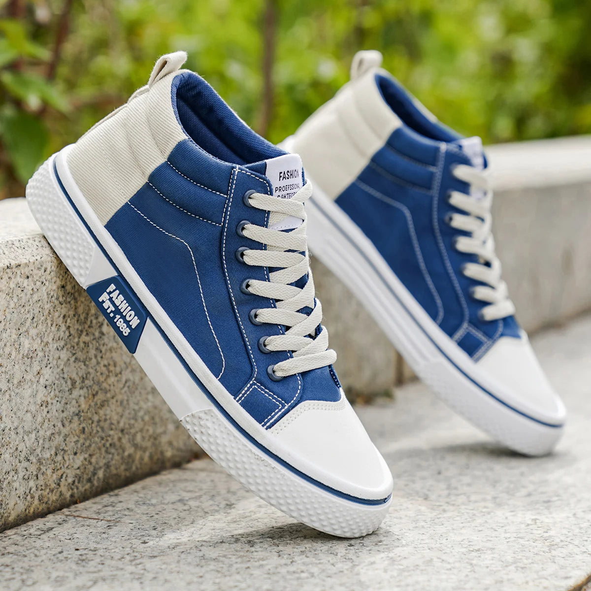 Herren Canvas Mid-Top Schuhe – Modische Leichte Sneaker | Bequeme Outdoor Wanderschuhe in Blau & Beige Kaufschwan® Blau 39