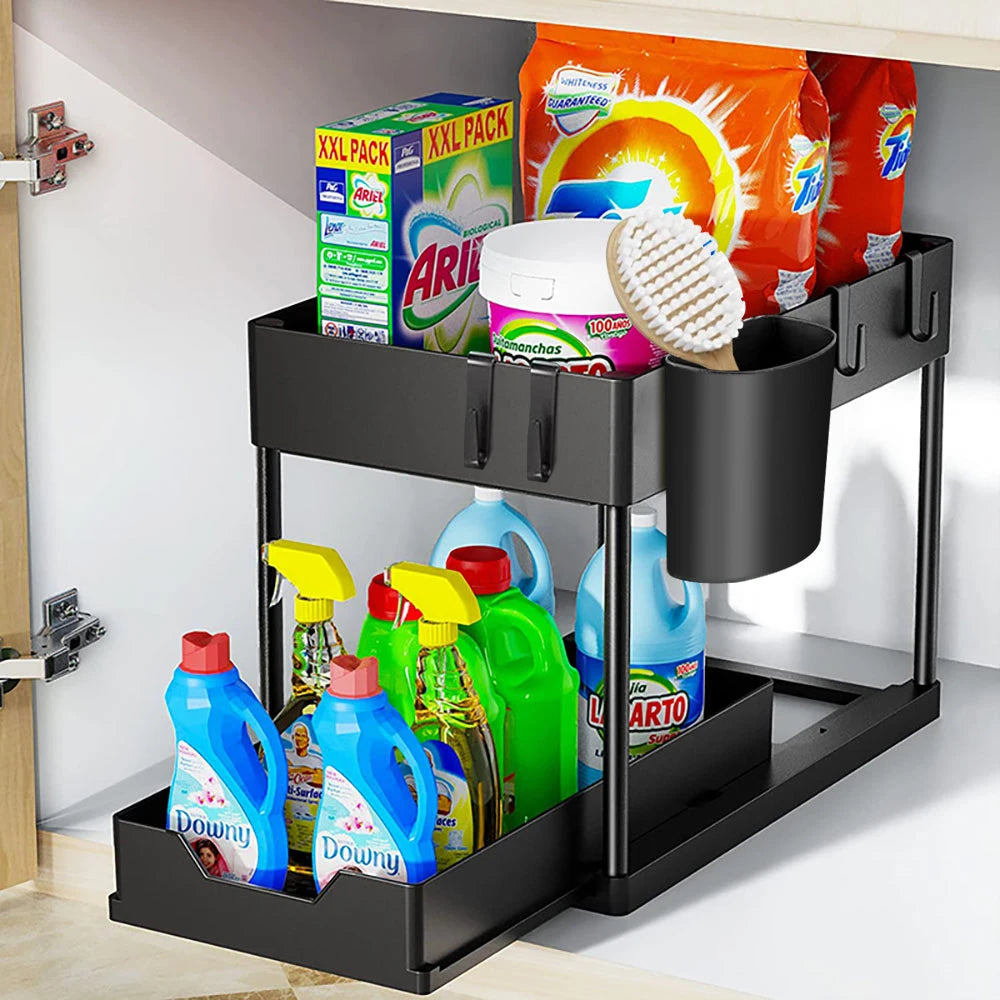 2-stufiger Unter-Spülbecken Organizer – Schiebbares Schrankregal mit Körben, Haken & Becher | Bad & Küchen Aufbewahrung Kaufschwan®