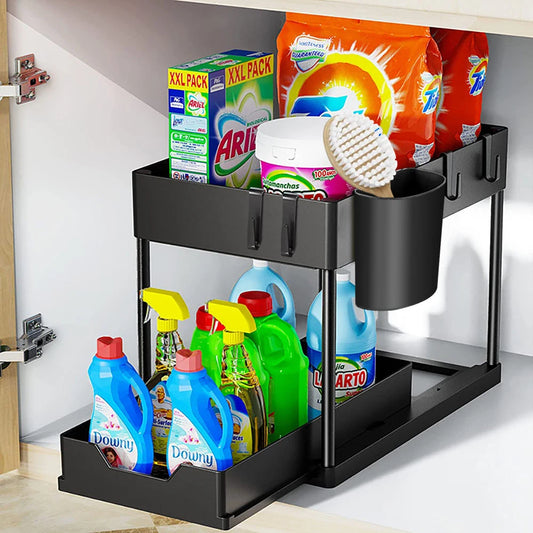 2-stufiger Unter-Spülbecken Organizer – Schiebbares Schrankregal mit Körben, Haken & Becher | Bad & Küchen Aufbewahrung Kaufschwan®
