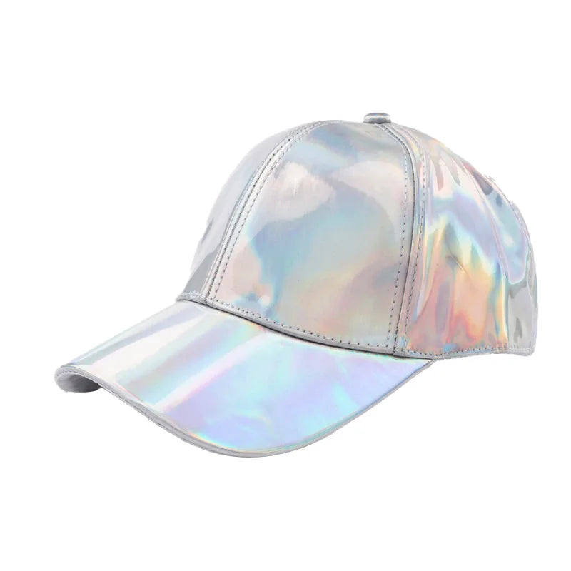 Unisex PU Rainbow Farbwechsel Baseballkappe | Fashion Erwachsenen Laser Hip Hop Baseballcap | Outdoor Freizeit Snapback Glänzende Party Kappe Kaufschwan® Silber