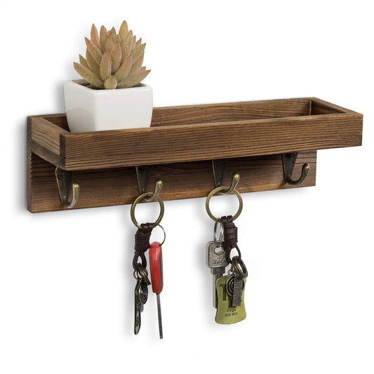 Schlüsselhalter aus Holz mit Ablage – Rustikaler Wand Organizer | Schwimmendes Regal mit 4 Metallhaken für Schlüssel, Leine, Sonnenbrille & Deko Kaufschwan® Braun
