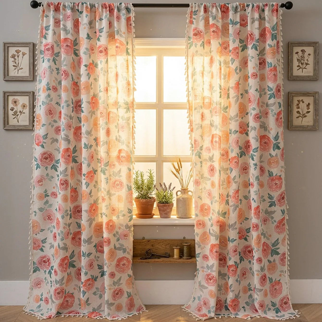 Rosa Blumen Vorhang mit Leinenoptik Lichtdurchlässig im Shabby Chic Stil für Wohnzimmer Kaufschwan®