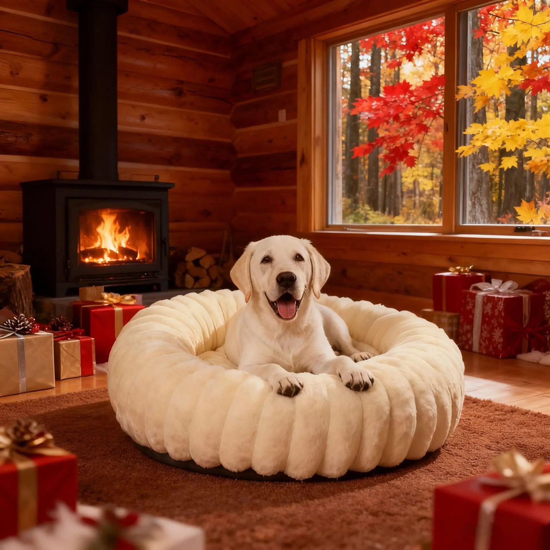 Indoor Hundebett – Cordstoff & Kunstfell Donut Bett mit Anti-Rutsch Boden Kaufschwan®