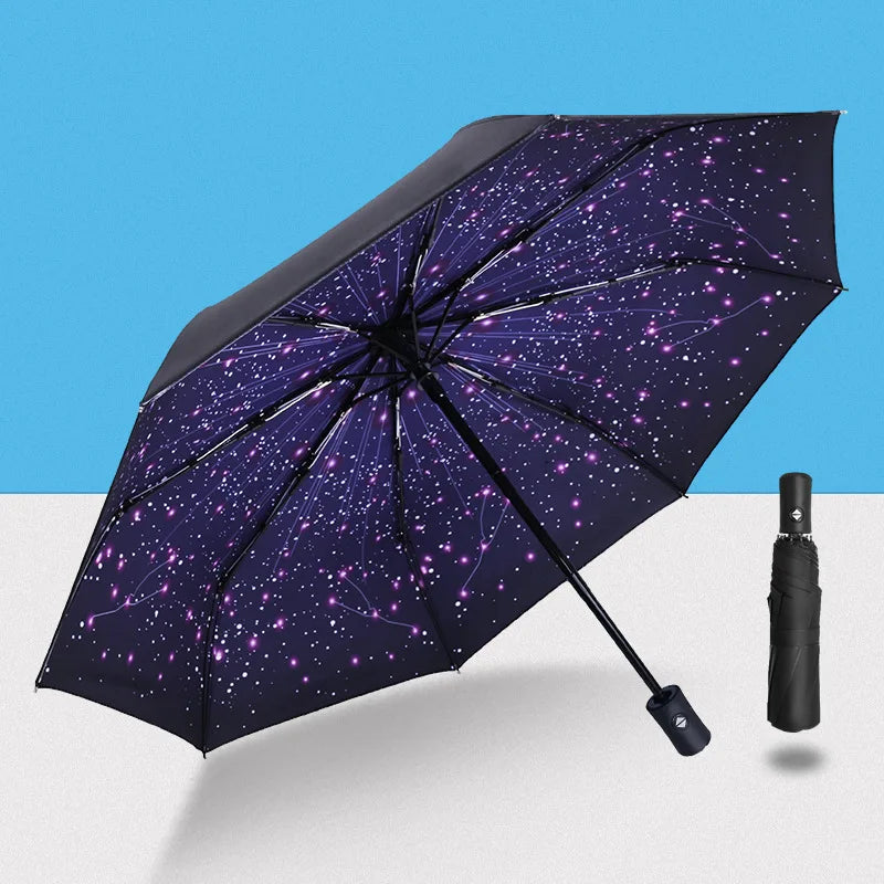 Kompakter Reise-Regenschirm – Automatischer Winddichter 8-Streben Mini-Schirm, Tragbarer Regen-/Sonnenschirm UPF 50+ mit Schutz-Hülle Kaufschwan® Sterne