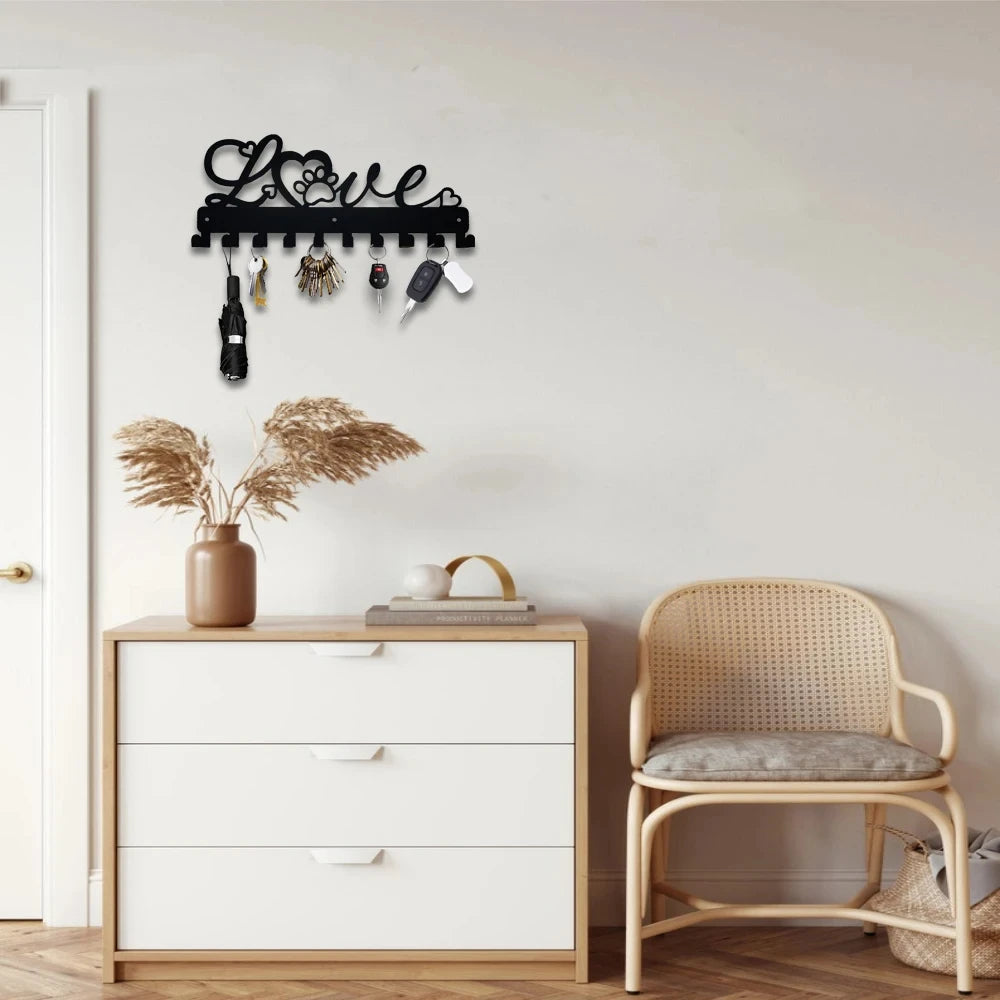 LOVE Metall Schlüsselhalter – Schwarzer Wandhaken aus Eisen mit 10 Haken | Dekorative Organizer-Leiste für Handtücher, Taschen, Kleidung, Caps & Schlüssel Kaufschwan®