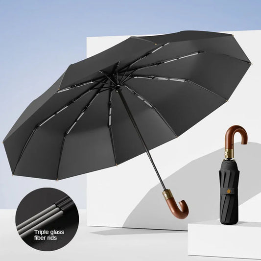 Winddichter UV-Schutzschirm UPF50+ – Automatischer Kompakter Regen- & Sonnenschirm mit Stilvollem Gebogenem Griff Kaufschwan® Schwarz