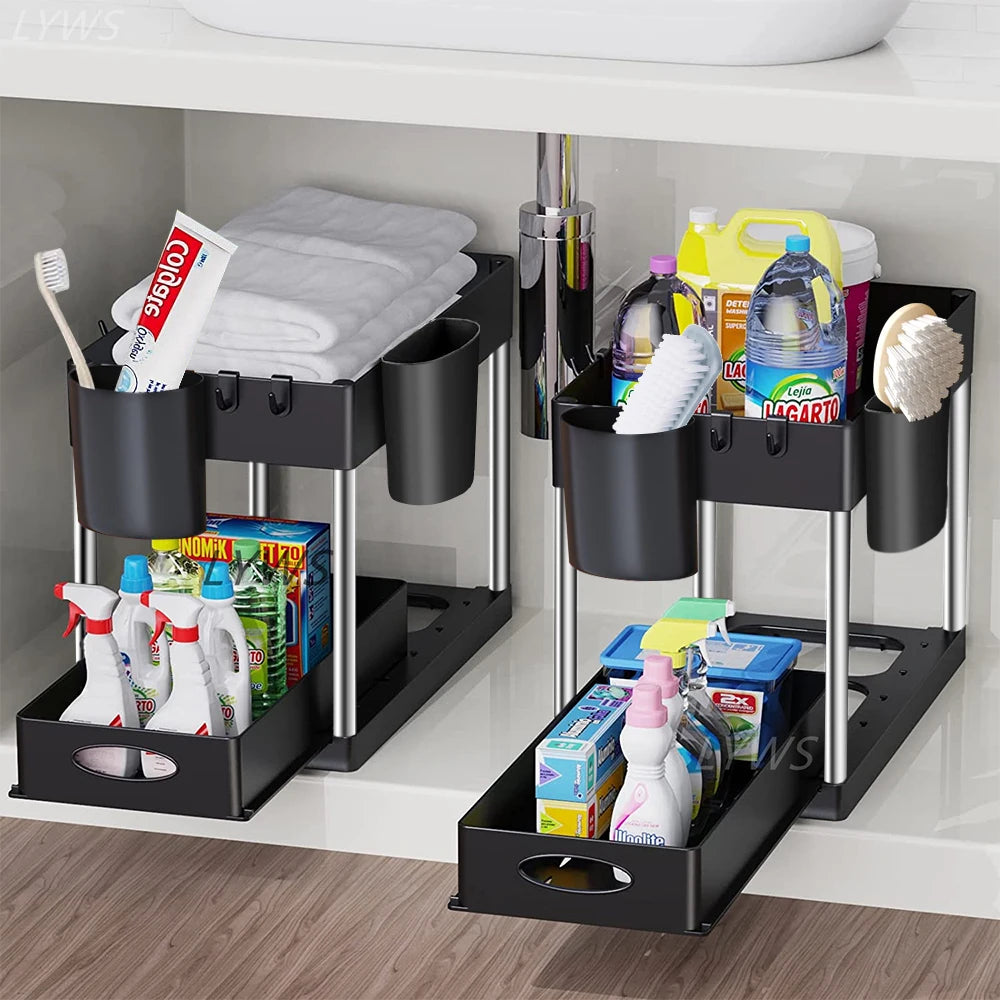 2-stufiger Unter-Spülbecken Organizer – Schiebbares Schrankregal mit Körben, Haken & Becher | Bad & Küchen Aufbewahrung Kaufschwan®