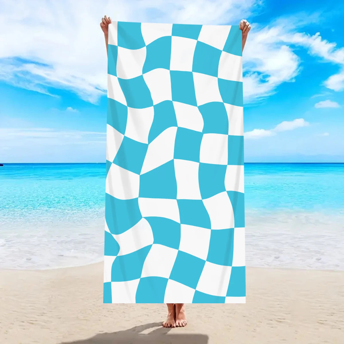 Modisches Kariertes Strandtuch – Schnell Trocknend & Saugfähig | Großes Mikrofaser Handtuch in Mehreren Farben für Strand & Reisen Kaufschwan® Türkis-Weiß 180x90cm