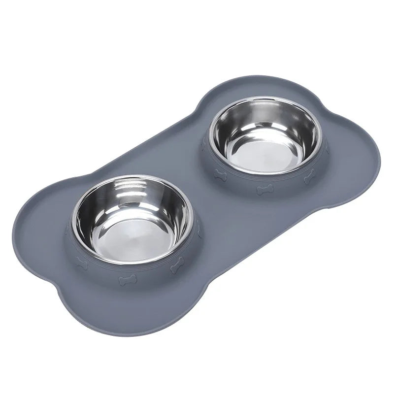 Edelstahl Doppelnapf für Hunde & Katzen – Rutschfester Futternapf mit 2 Edelstahlschalen Kaufschwan® Grau S