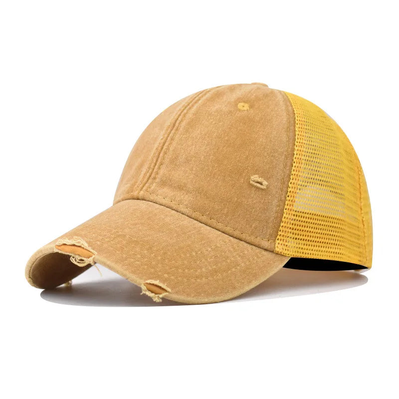 Washed Cotton Mesh Baseballkappe | Vintage Ripped Leichte Baseballcap für Herren & Damen | Atmungsaktive Frühlings- & Sommermode Kaufschwan® Gelb