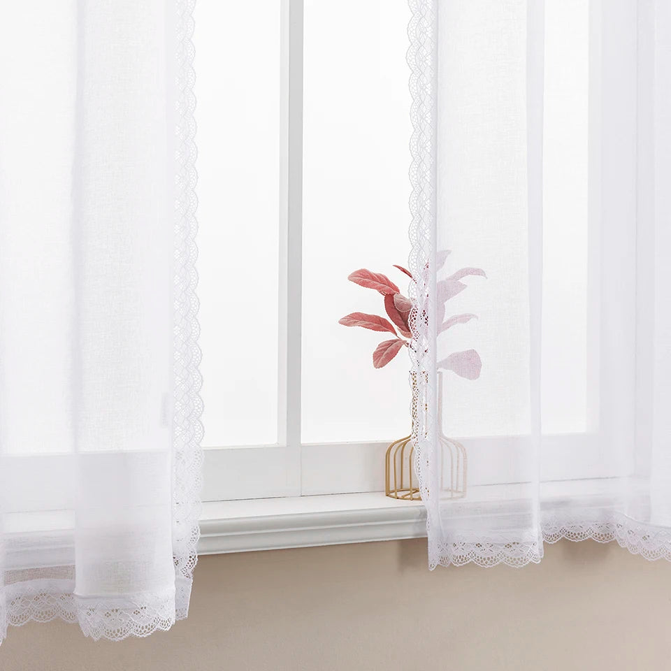 Kurzer Weißer Bestickter Spitzen Transparenter Vorhang Tüll Voile für Küche Schlafzimmer Fenster Kaufschwan®