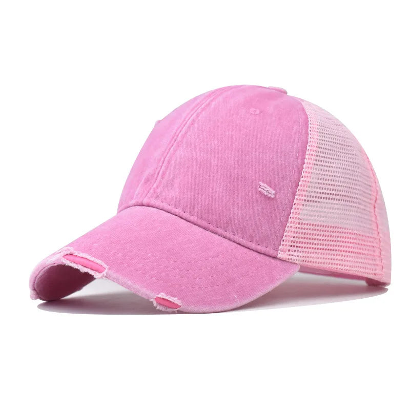 Washed Cotton Mesh Baseballkappe | Vintage Ripped Leichte Baseballcap für Herren & Damen | Atmungsaktive Frühlings- & Sommermode Kaufschwan® Rosa
