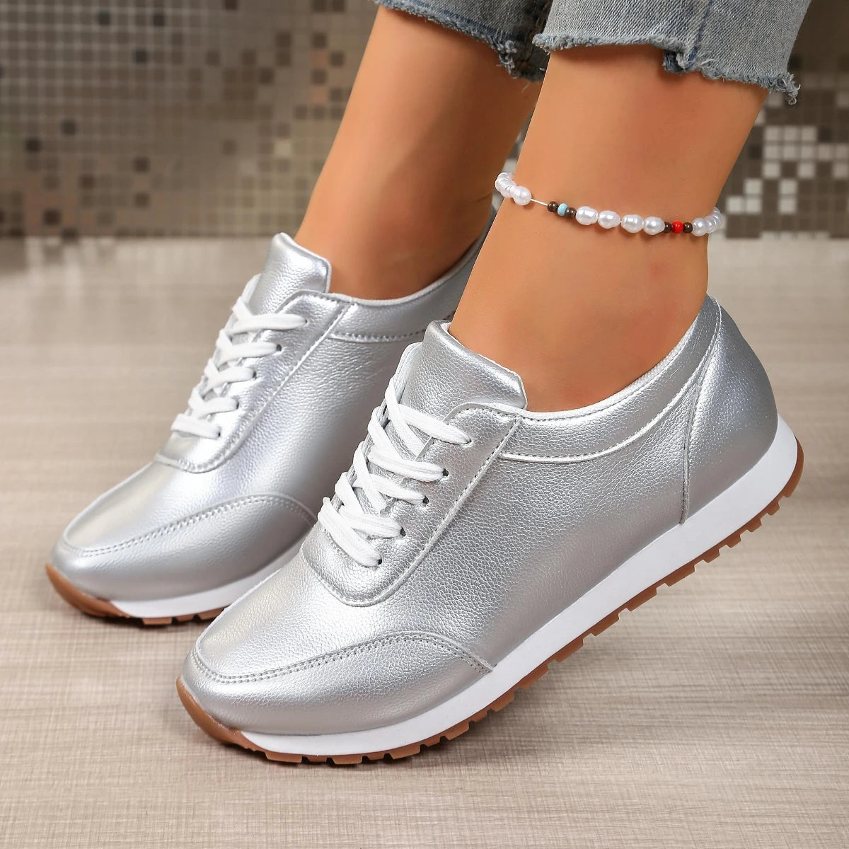 Damen Leder-Sneaker – Bequeme Schnürschuhe | Runde Zehenform, Flache Low-Top Schuhe für Frühling & Herbst Kaufschwan®