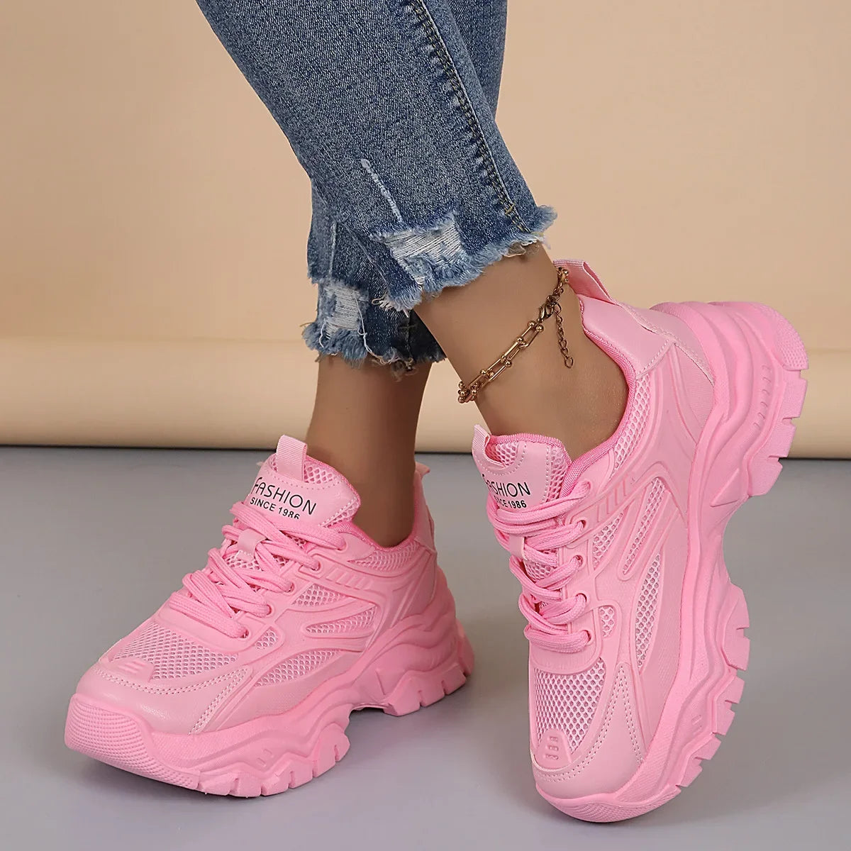Damen Plateau-Sneaker – Runde Zehenform, Mesh Tennisschuhe | Herbstmode Atmungsaktive & Bequeme Sportschuhe Kaufschwan® Rosa 35
