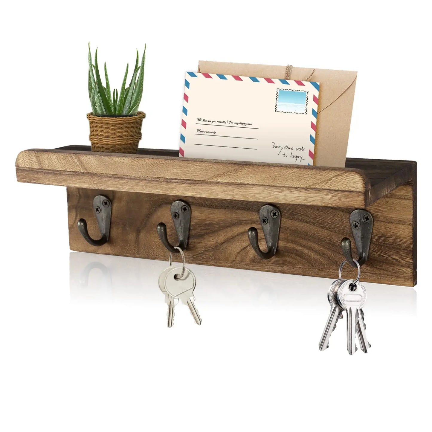 Rustikaler Holz Schlüsselhalter für die Wand – Landhausstil Wandregal | Wandmontierter Organizer mit 4 Metallhaken für Schlüssel & Deko Kaufschwan® Braun