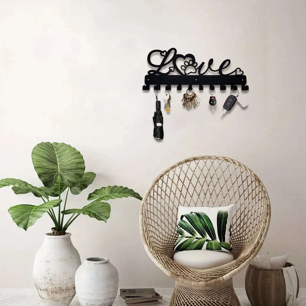 LOVE Metall Schlüsselhalter – Schwarzer Wandhaken aus Eisen mit 10 Haken | Dekorative Organizer-Leiste für Handtücher, Taschen, Kleidung, Caps & Schlüssel Kaufschwan®