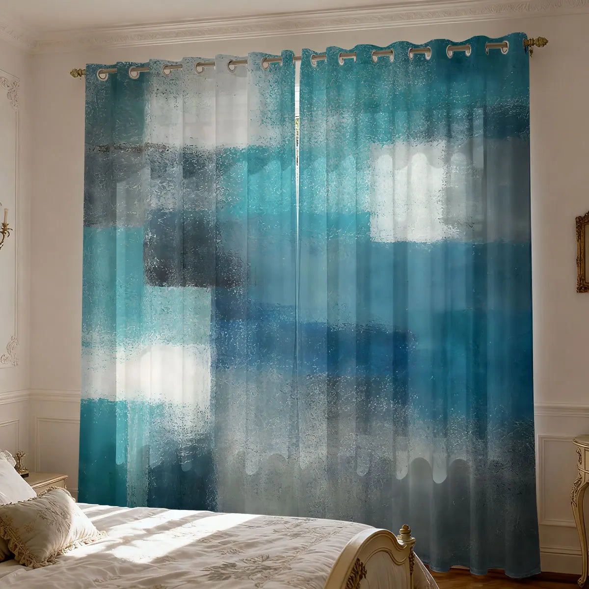 Graffiti Farbblock Print Vorhang 90g Isoliert Modernes Design für Wohnzimmer Schlafzimmer 2 Stück/Set Kaufschwan® Blau - Türkis 264x214 cm Ösenverschluss