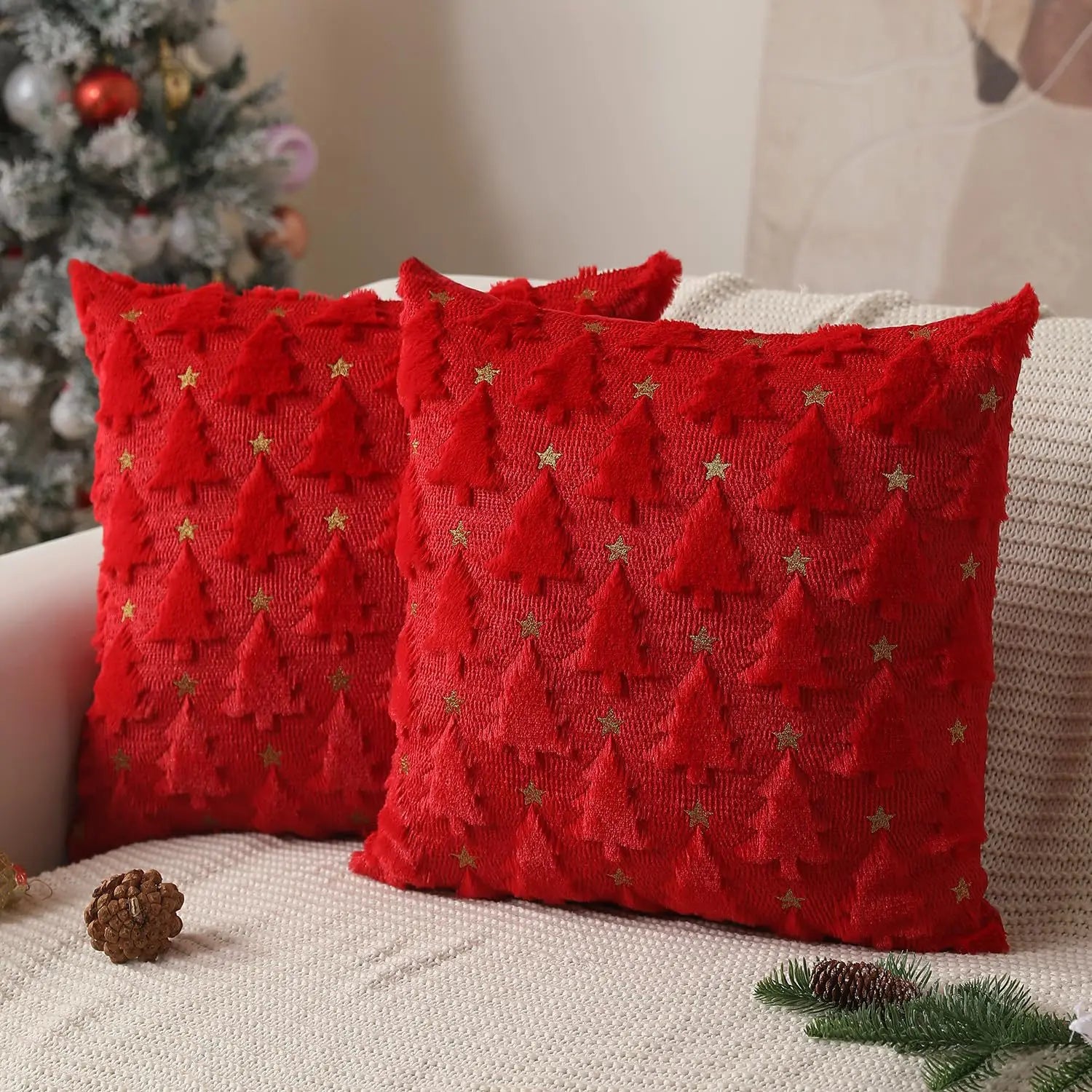 45x45cm Weihnachts Kissenbezug – Gestepptes Plüsch Design | Stern & Tannenbaum Motiv Sofakissen Bezug für Wohnzimmer Deko Kaufschwan®