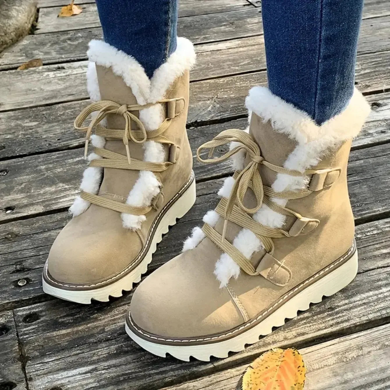Damen Winter Schneestiefel – Wasserdichte Mittelhohe Schnürstiefel | Wärmeisolierte Outdoor Schuhe mit Kunstfell Futter & Rutschfester Sohle Kaufschwan®