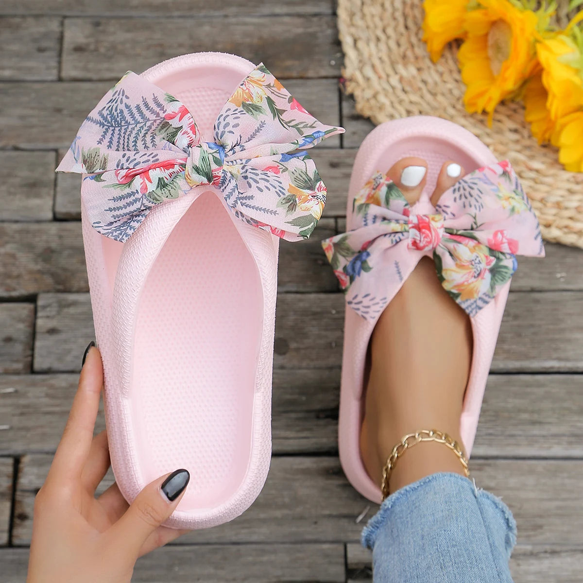 Damen Sommer Flip-Flops mit Leopardenmuster & Schleife | Weiche Dicksohlen-Cloud-Slipper | Strand- & Urlaubssandalen Kaufschwan® Design 2 42-43