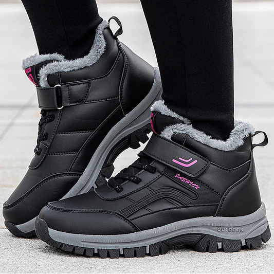 Damen Winterstiefel – Designer Wasserdichte Plateau Stiefeletten im Australischen Stil | Luxus Lederoptik mit Kunstfell Futter Kaufschwan® Schwarz 36