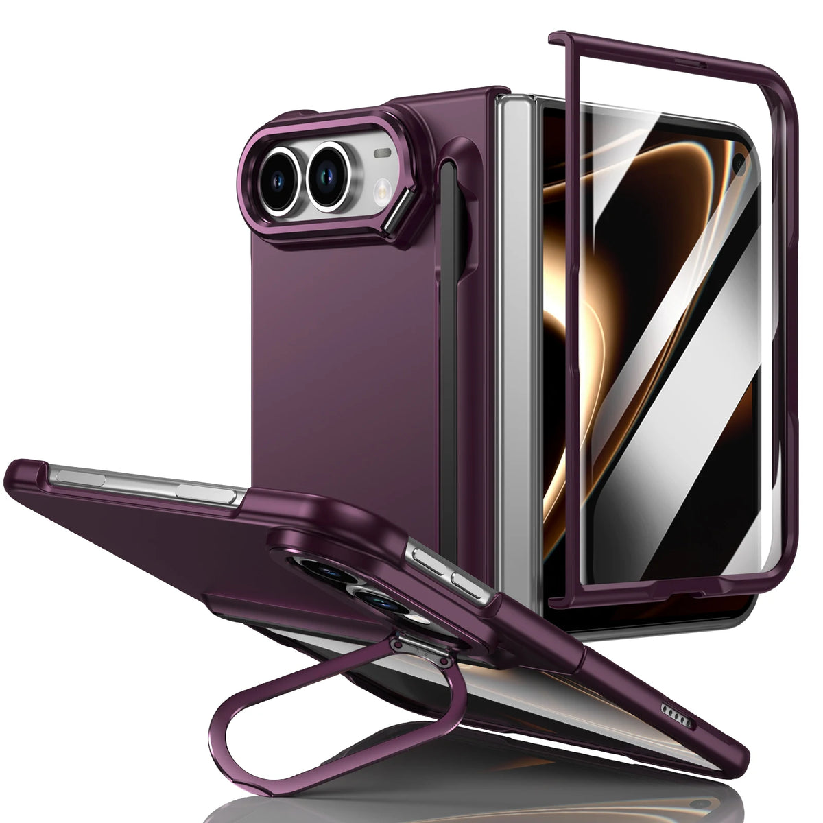 Schützende Klapphülle für iPhone Duo – Stoßfeste Hart-PC-Hülle mit Stifthalter, Displayschutz, Scharnierschutz und Metallständer Kaufschwan®