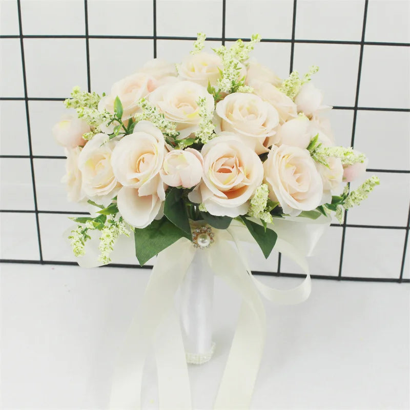 Brautstrauß Weiße Rosen – Handgefertigter Seidenblumen Hochzeitsstrauß Kaufschwan® Beige