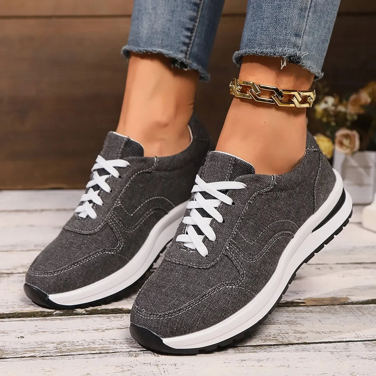 Blaue Damen Plateau-Sneaker – Modische Schnürschuhe mit Dicker Sohle | Bequeme Freizeit-Sneaker in Übergrößen bis 43 Kaufschwan®
