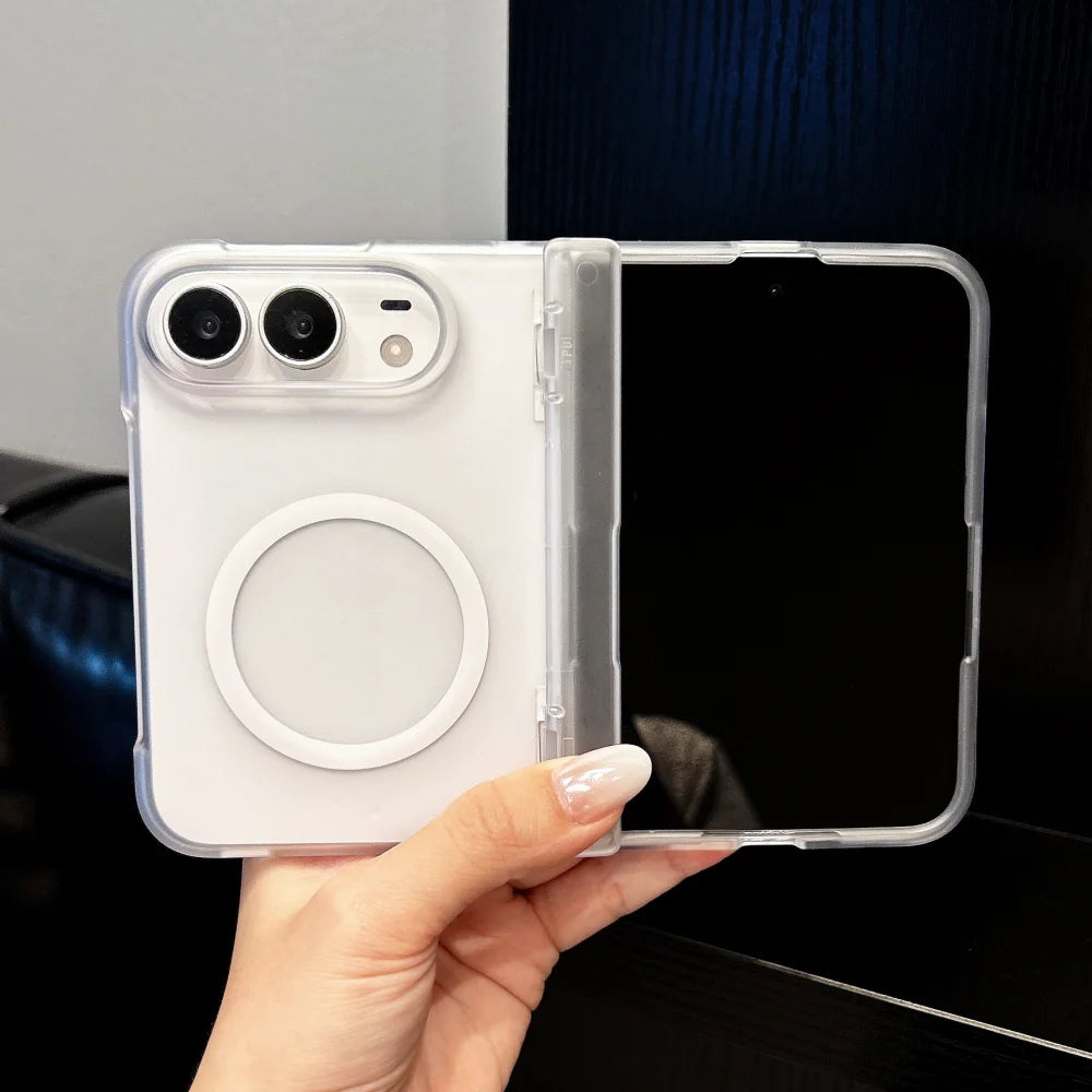 Matte Durchscheinende Magnetische Schutzhülle für iPhone Duo – Ultradünne MagSafe-Kompatible Hülle mit Kabellosem Laden und Scharnierschutz Kaufschwan® Weiß iPhone Duo