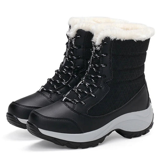 Damen Schneestiefel – Winter Plateau Schuhe | Warme Kunstfell Gefütterte Flache Stiefel für Damen | Bequeme Winter Schuhe Kaufschwan® Schwarz 35