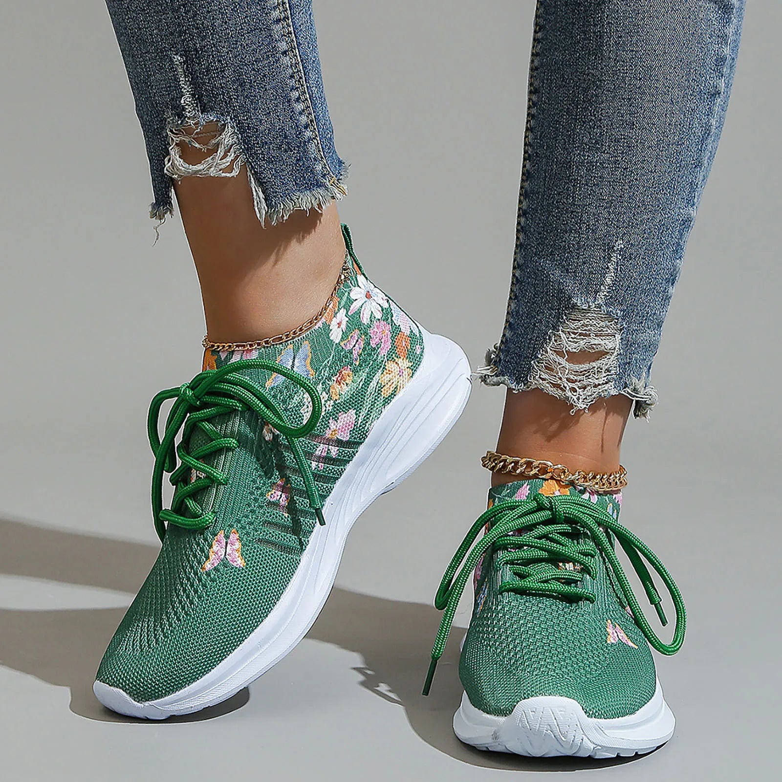 Damen Atmungsaktive Strick-Sneaker – Flying Weave Mesh Schnürschuhe | Runde Zehenform, Weiche Sohle & Bequeme Freizeitschuhe Kaufschwan® Grün 37