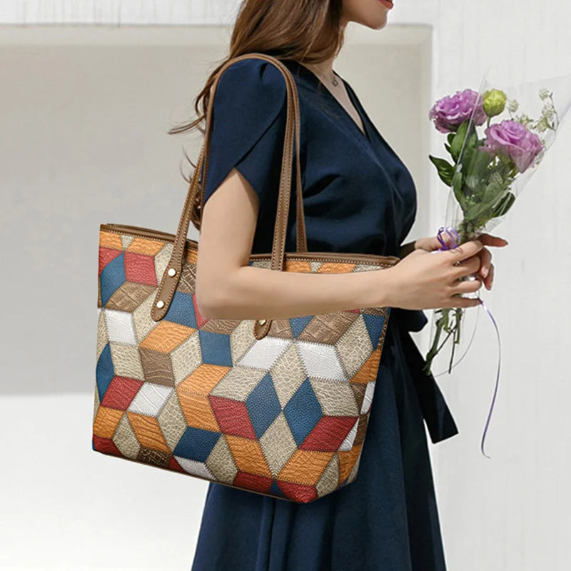Damenhandtasche mit Großem Fassungsvermögen – Lässige PU Leder Patchwork Tote | Modische Unterarm & Schultertasche Kaufschwan®