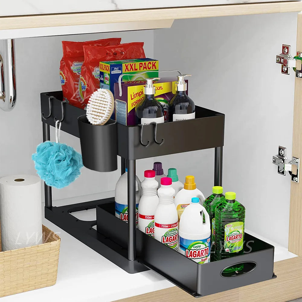 2-stufiger Unter-Spülbecken Organizer – Schiebbares Schrankregal mit Körben, Haken & Becher | Bad & Küchen Aufbewahrung Kaufschwan®